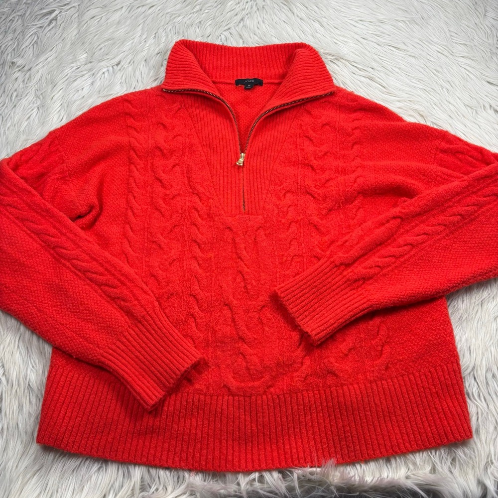 J.Crew M Red Cable-knit Half Zip Sweater in Supersoft Yarn Preppy Cabincore Cozy